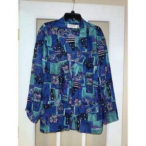Alfred Dunner Women’s Blue Green Shacket Shirt Jacket Funky One Button 14 VTG